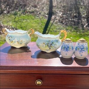 Antique Handpainted Porcelain Floral Gold Creamer Sugar Salt & Pepper Shakers